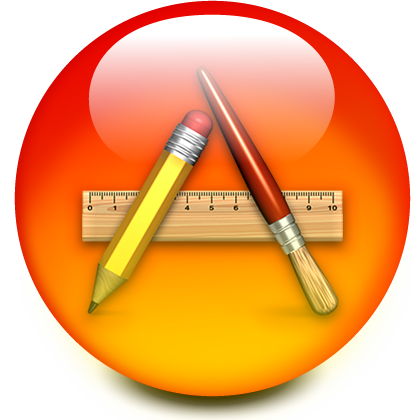 A Mac OS X icon composed of a brush, ruler and pencil, crafted into the letter 'A'